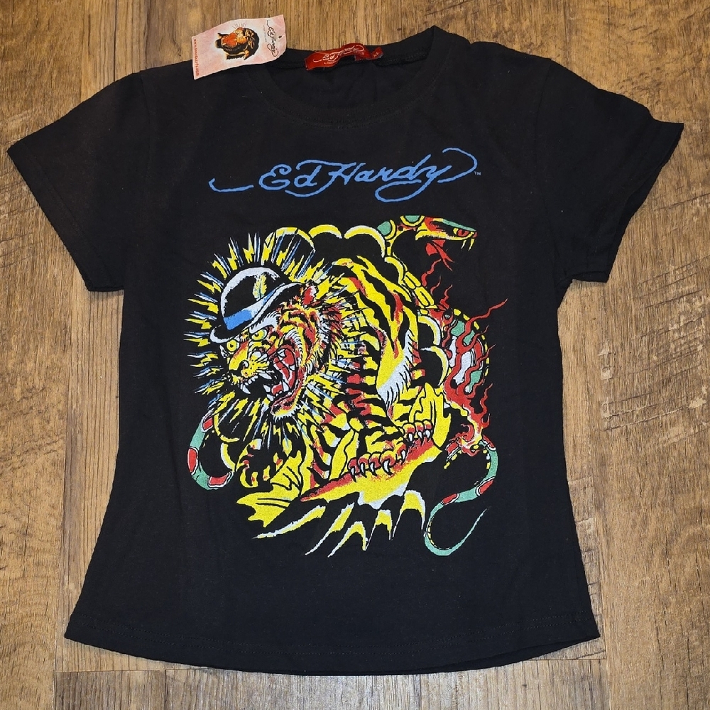 Ed Hardy Black Tee with Fierce Tiger Design